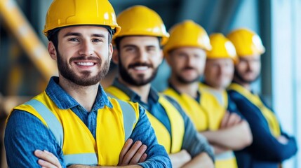 Obraz premium A group of confident construction workers stands together, smiling for the camera in an industrial facility, all wearing yellow hard hats and safety gear