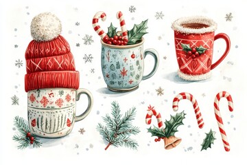 Watercolor Christmas Mugs with Candy Canes and Holly