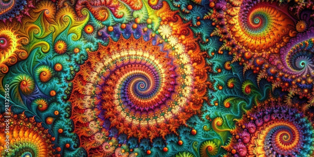 Poster Abstract, colorful fractal background with intricate geometric patterns, fractal, abstract, background, vibrant, colors, geometric
