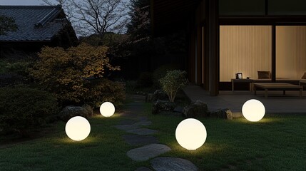 A beautifully lit garden features solar lamps guiding the path to an inviting outdoor seating area, creating a cozy atmosphere for relaxation and evening strolls