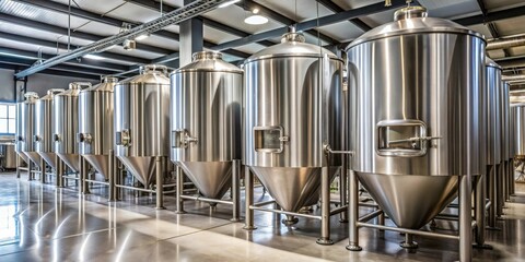 Fototapeta premium Rows of steel tanks for beer fermentation and maturation in a craft brewery, craft beer, fermentation, maturation