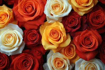 Naklejka premium Bright, vibrant roses in red, yellow, and white fill the display at a grocery store