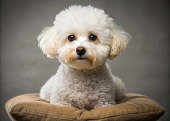 Adorable fluffy white bichon frise dog with curly fur and big brown eyes sits on a soft cushion, looking directly at the camera with innocence.