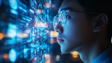 Close-up of a woman wearing glasses with futuristic digital data reflected in the lenses, symbolizing advanced technology and virtual reality.