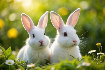 Obraz premium Two White Rabbits in Sunlit Meadow