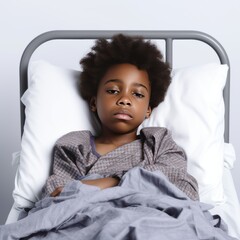 Sad little black boy with dark hair lying on medical bed and looking at camera during treatment in modern hospital. Concept of sick children hospitalized.
