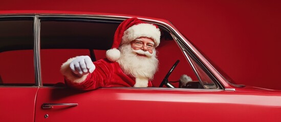Santa Claus driving a classic red car on Christmas Eve