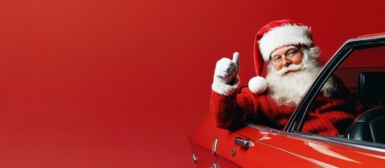 Festive Santa giving a thumbs up from his red car