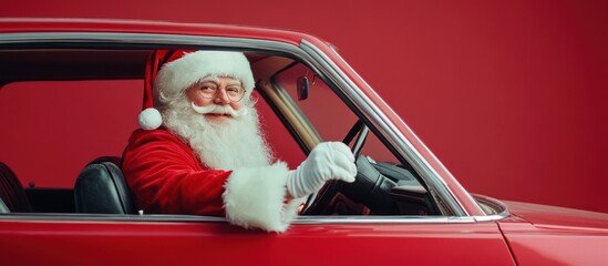 Santa Claus driving a vintage red car on Christmas Eve