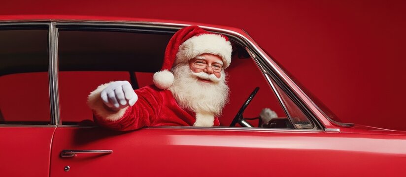 Santa Claus driving a classic red car on Christmas Eve