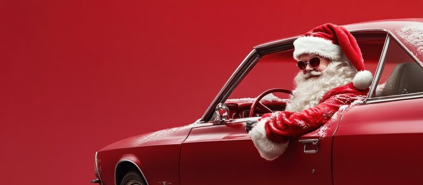 Santa Claus in a red car, ready for a Christmas journey