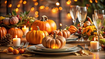 Elegant Thanksgiving table setting featuring pumpkins as a centerpiece, Thanksgiving, elegant, table setting, fall
