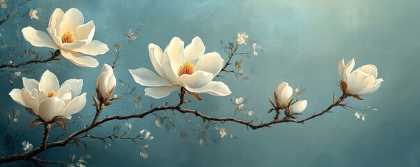 A branch with white magnolia flowers against a blue sky background.