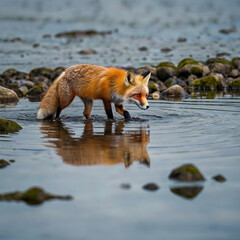 Fototapeta premium Red fox standing on stones over water.
