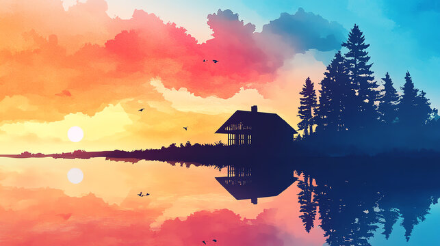 Capture a breathtaking sunset over a serene lake with a rustic bargeboard house in intricate watercolor style