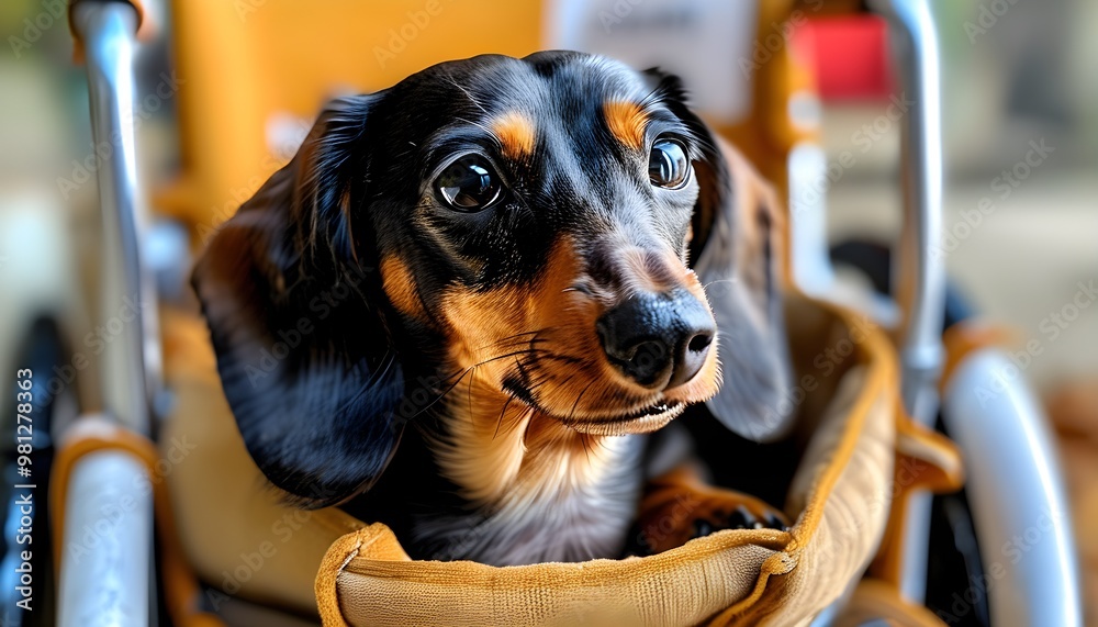 Wall mural Dachshund in a wheelchair showcasing resilience and determination