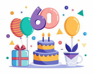 60 Birthday Vector With Cake, Balloons And Confetti