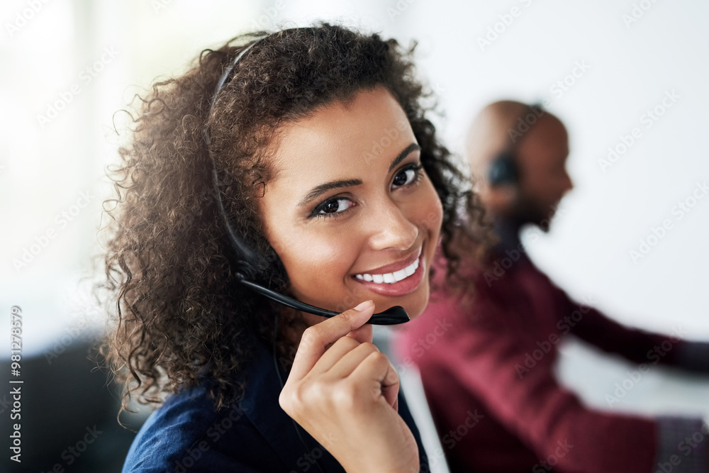 Aufkleber mic, virtual assistant or portrait of happy woman in call centre, telecom or tech support for custom