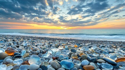 On a tranquil beach at sunset, the sky is painted with a stunning blend of blue, yellow, and orange hues. The waves gently lap against the shore,
