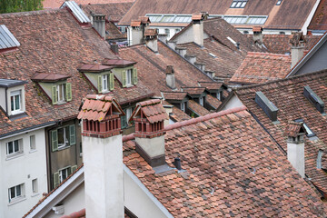 Cityscape with rooftops in the historic center of Bern, Switzerland.