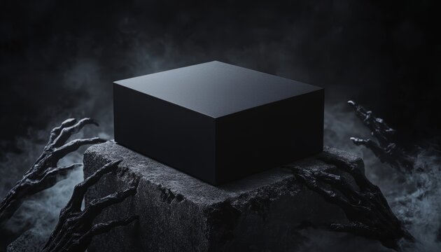 A gothic-inspired product box mockup resting in a cracked gravestone, with fog rolling in and skeletal hands reaching out from the shadows.