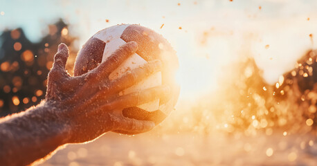 Close-up of hand holding volleyball with sunset and sand spray. Intense beach game moment. Summer sports and active lifestyle concept.