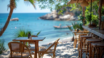 Obraz premium An empty bar counter and bamboo chairs against the background of the sea. Selective focus. 