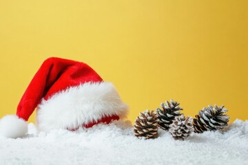 Santa Hat and Pine Cones in Snow on Yellow Background