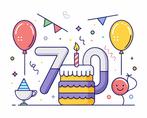 70 Birthday Vector With Cake, Balloons And Confetti