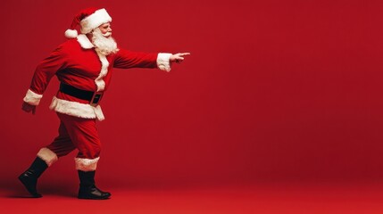 Santa Walking, Pointing Forward, Red Christmas Scene, Joy