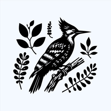 black and white woodpecker perched on branch clip art preview