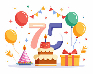 75 Birthday Vector With Cake, Balloons And Confetti