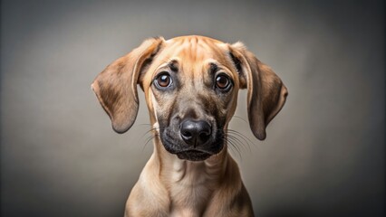 Obraz premium Adorable Sloughi puppy with a curious expression gazes directly at the camera, set against a clean studio background with ample copy space around it.
