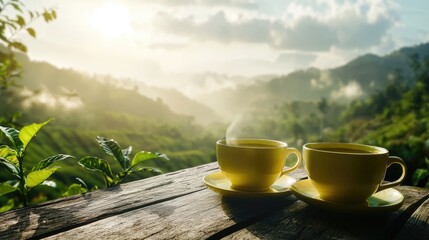 Realistic photo of two cups of green tea on an old wooden table, overlooking the lush coffee plantations in a well-manicured garden with misty
