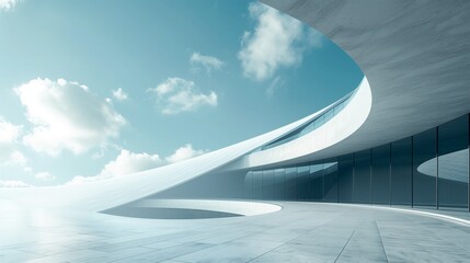 A modern conceptual architectural structure with a curved, white facade that appears to be made of concrete, set against a cloudy sky. Minimalist architecture and exterior design background