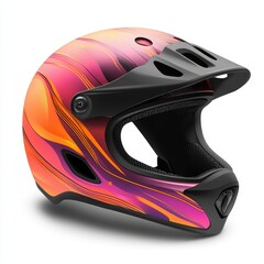 Vibrant motocross helmet featuring a bold design with orange and pink swirls, perfect for extreme sports enthusiasts, white background