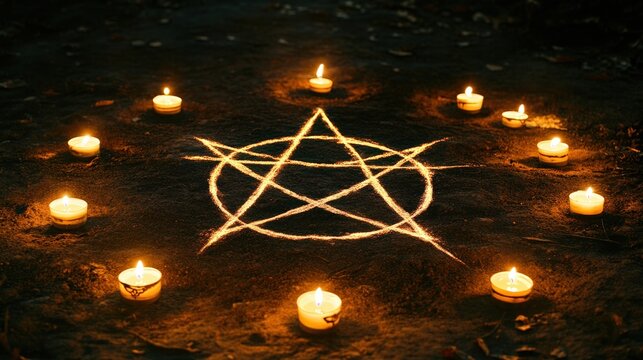 Halloween A circle of candles with a pentagram drawn in the center