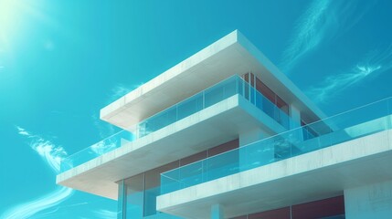 Modern building with a flat roof and glass walls. The building has a minimalist design with a white exterior and a frame around the windows. Minimalist architecture and exterior design background