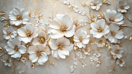 Vintage 3D Wallpaper with White Flowers and Golden Elements on a Beige Background -- AI generated illustration