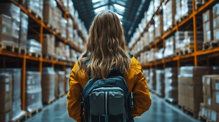 A futuristic warehouse showcasing robotic automation with a person observing the operations