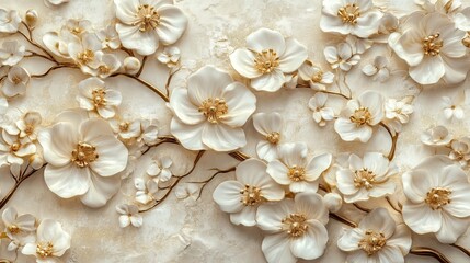 Vintage 3D Wallpaper with White Flowers and Golden Elements on a Beige Background -- AI generated illustration