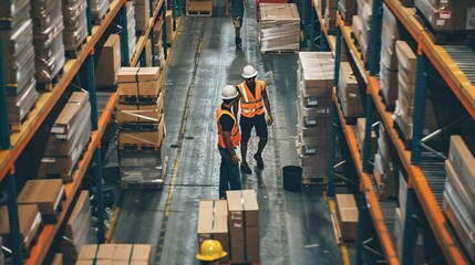 Two warehouse workers pushing a pallet with boxes in a large storage facility. Concept of logistics, supply chain, and distribution.