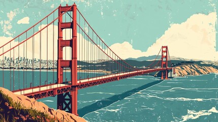 San Francisco Golden Gate Bridge stylized vintage postcard illustration