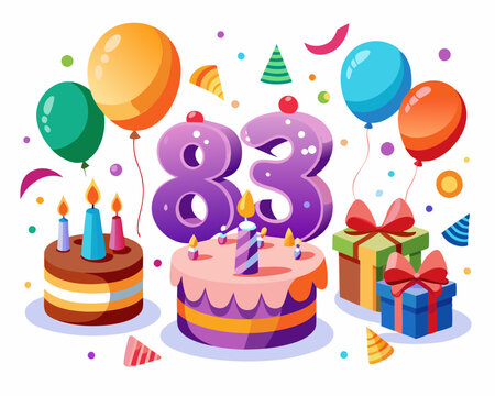 83 Birthday Vector With Cake, Balloons And Confetti