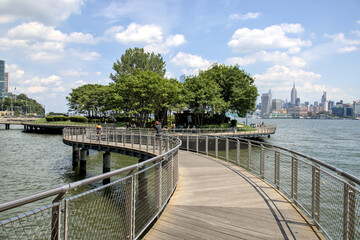hudson river pier with midtown manhattan skyline skyscrapers (public park promenade) hoboken jersey city new jersey (waterfront castle point new york city nyc) travel tourism dock harbor