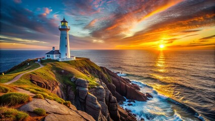Dramatic sunrise illuminates Cape Spear's iconic white lighthouse standing tall on rugged rocky cliffs overlooking serene blue waters of Atlantic Ocean's coastline in St Johns Newfoundland.