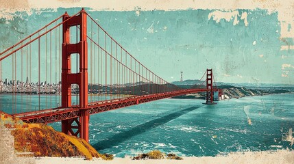 San Francisco Golden Gate Bridge stylized vintage postcard illustration © Veayo