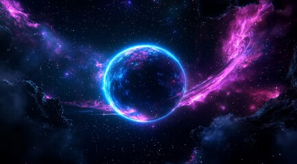 Obraz premium Vibrant Planet Surrounded by Pink Cosmic Clouds