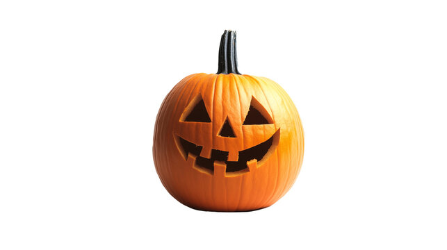 Klasyczna pomarańczowa dynia z wyciętym, uśmiechniętym straszydłem, umieszczona na przezroczystym tle. Idealna do projekt&oacute;w graficznych na Halloween.