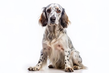 Adorable English Setter dog with floppy ears and speckled coat sits calmly on a crisp white background, showcasing its gentle nature and majestic beauty.